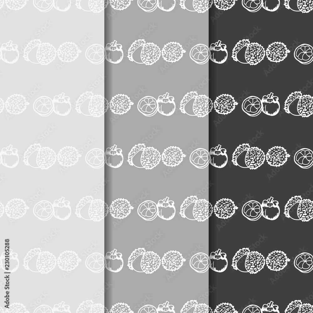 Fototapeta premium Lychee, mangosteen tropical fruits seamless pattern