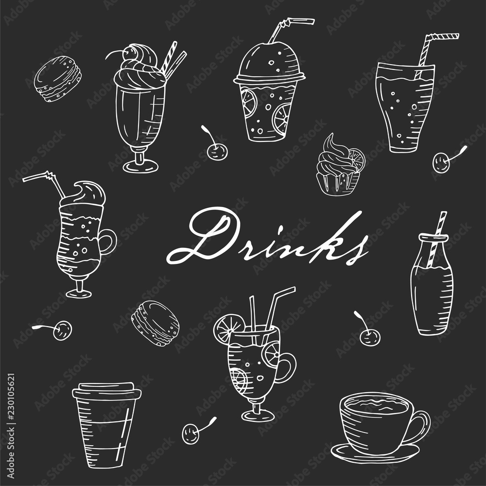 Seamless vector pattern with hand drawn drinks on a chalkboard background