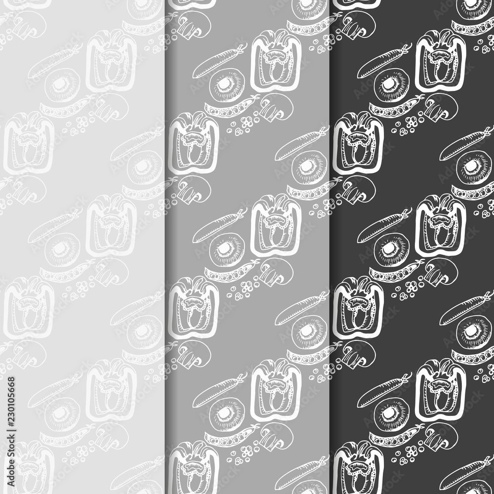 Naklejka premium seamless pattern with vegetables paprika, green pea, mushrooms