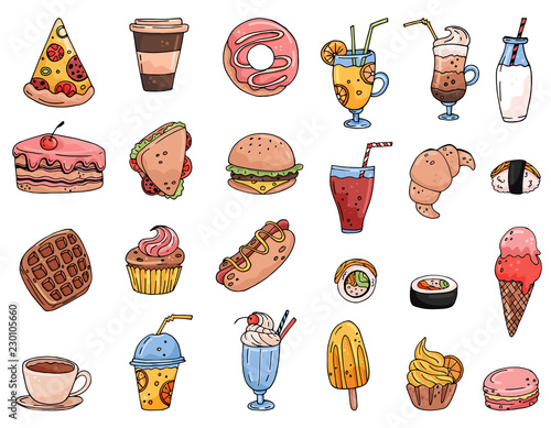 Big set elements with hand drawn food, sweets and drinks