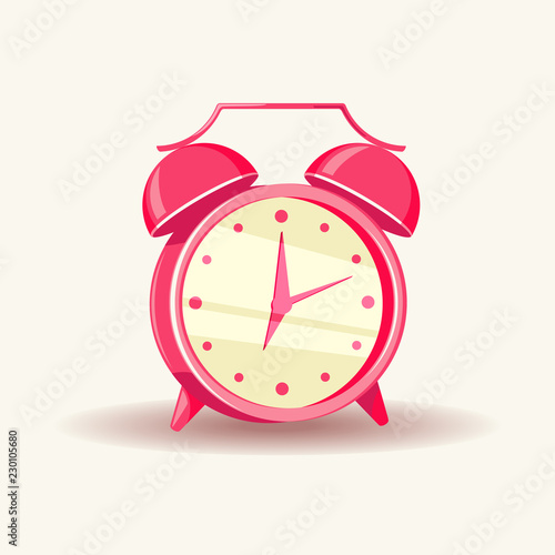 Vector illustration pink alarm clock. Alarm clock icon. Flat design style.