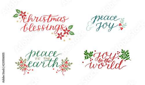 Collection with 4 Holiday cards made hand lettering Christmas blessings Peace to the earth. Joy to world.