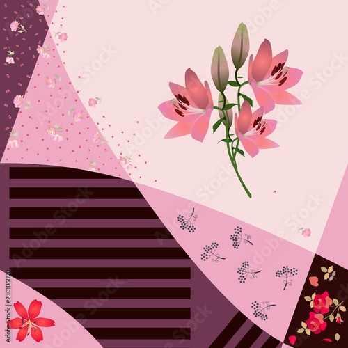 Beautiful patchwork pattern with bunch of pink lilies, various tiny flowers and stripes in vector.