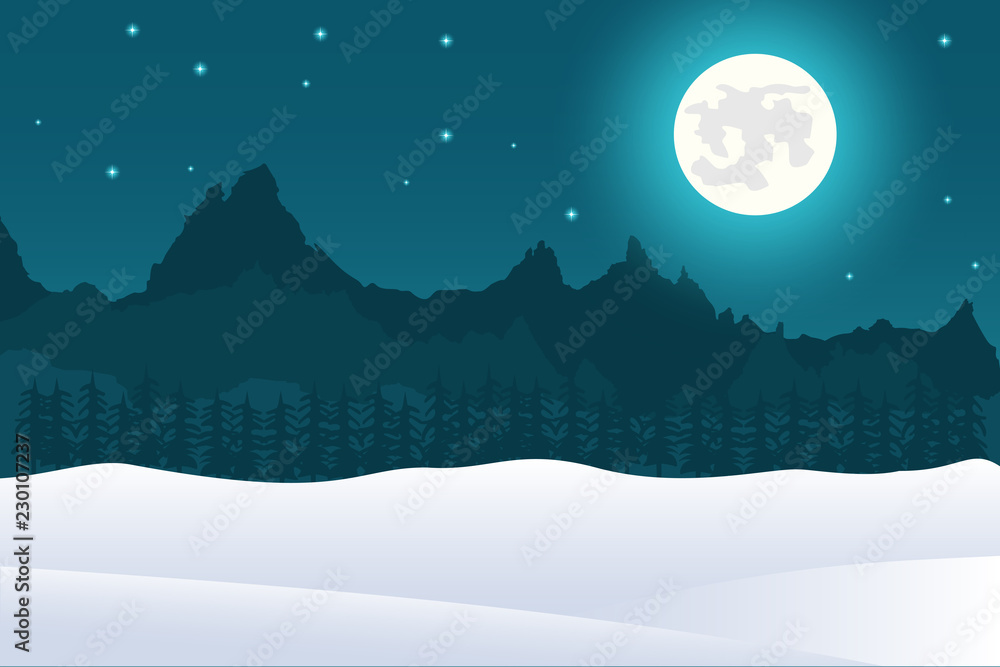 Obraz premium Christmas landscape background of full moon and mountains