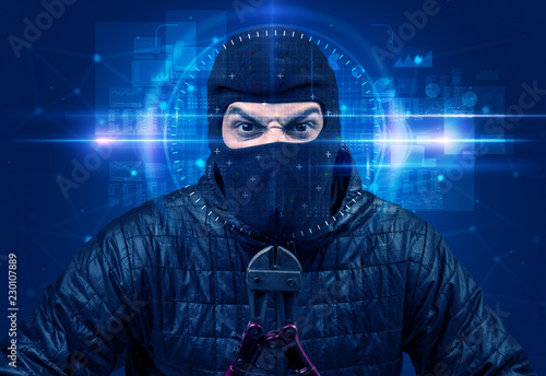 Facial recognition system. Young man on blue background