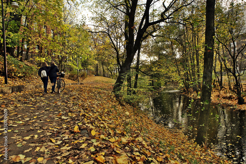 Walking path along the river in city in autumn. River Akerselva in Oslo, Norway.