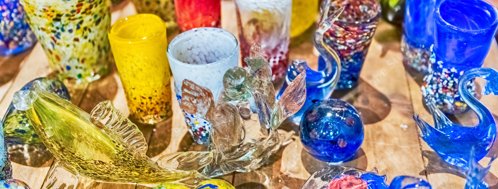 Fototapeta premium Traditional colorful murano glass goblets for sale, Murano, Venice, Italy