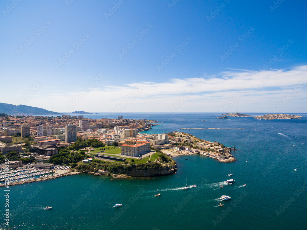 Fototapeta premium Aerial view of Marseille pier - Vieux Port, Saint Jean castle, and mucem in south of France