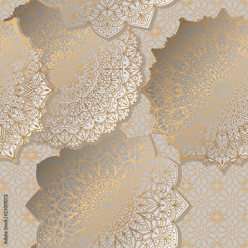 Seamless background with ornament mandala in gold color. Round arabesque design pattern.