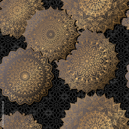 Seamless background with ornament mandala in gold color. Round arabesque design pattern.