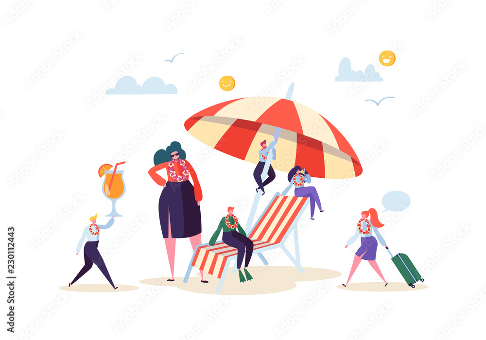 Happy Business Characters Relaxing on Beach Vacation. Office Workers People on Tropical Resort with Cocktail. Freelancer on Remote Work Place. Vector illustration Happy Business Characters Relaxing on Beach Vacation. Office Workers People on Tropical Resort with Cocktail. Freelancer on Remote Work Place. Vector illustration