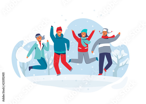 Joyful Characters Friends Jumping in the Snow. People in Warm Clothes on Happy Winter Vacation. Man and Woman Having Fun Outdoors. Vector illustration