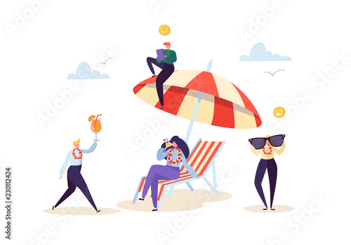 Happy Business Characters Relaxing on Beach Vacation. Office Workers People on Tropical Resort with Cocktail. Freelancer on Remote Work Place. Vector illustration