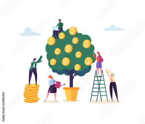 Business Woman Watering a Money Plant. Characters Collecting Golden Coins from Money Tree. Financial Pofit, Investment, Banking, Income Concept. Vector illustration
