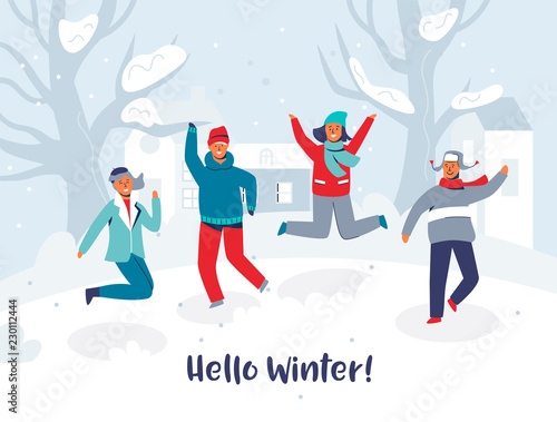 Joyful Characters Friends Jumping in the Snow. People in Warm Clothes on Happy Vacation. Hello Winter Card. Man and Woman Having Fun Outdoors. Vector illustration