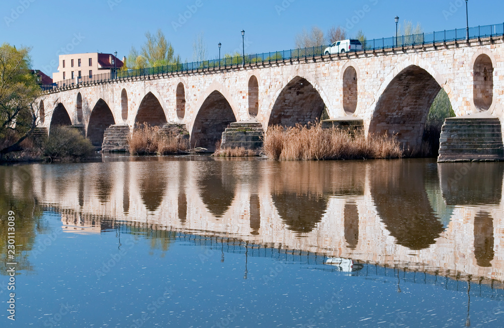Roman bridge in the Spanish city of Zamora with reflections in the river