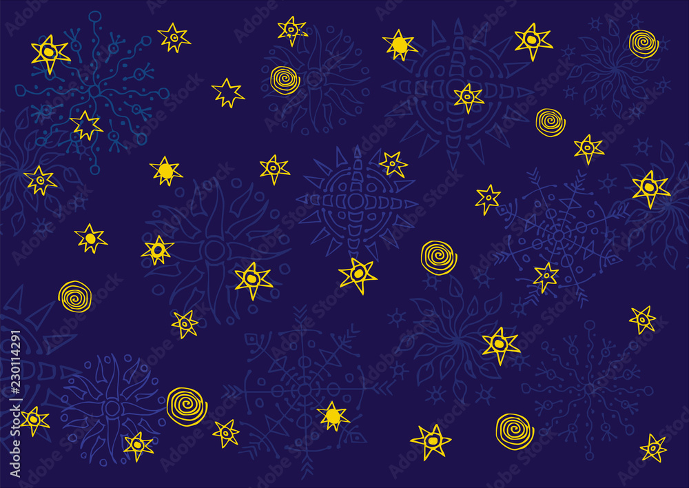 Abstract fantastic background. Hand drawing. Stars, signs and symbols in yellow on a blue background. Vector drawing. Abstract fantastic background. Hand drawing. Stars, signs and symbols in yellow on a blue background. Vector drawing.