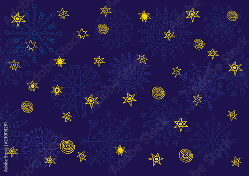 Abstract fantastic background. Hand drawing. Stars  signs and symbols in yellow on a blue background. Vector drawing.