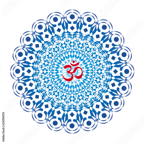 Blue mandala with aum / ohm / om sign in the center. Vector openwork delicate drawing.