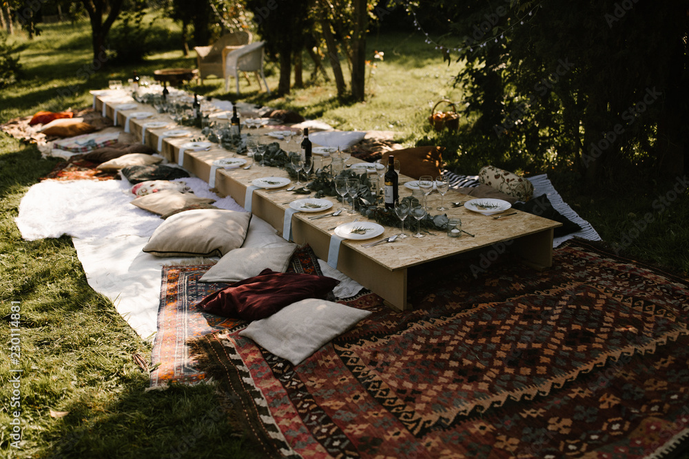 long floor table garden party dinner Stock Photo | Adobe Stock