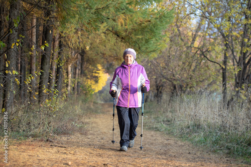 A woman over the age of 65 is engaged in Nordic walking in the fresh air.
