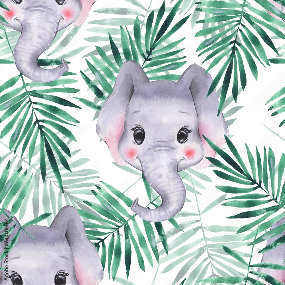 Watercolor-style elephants among palm leaves