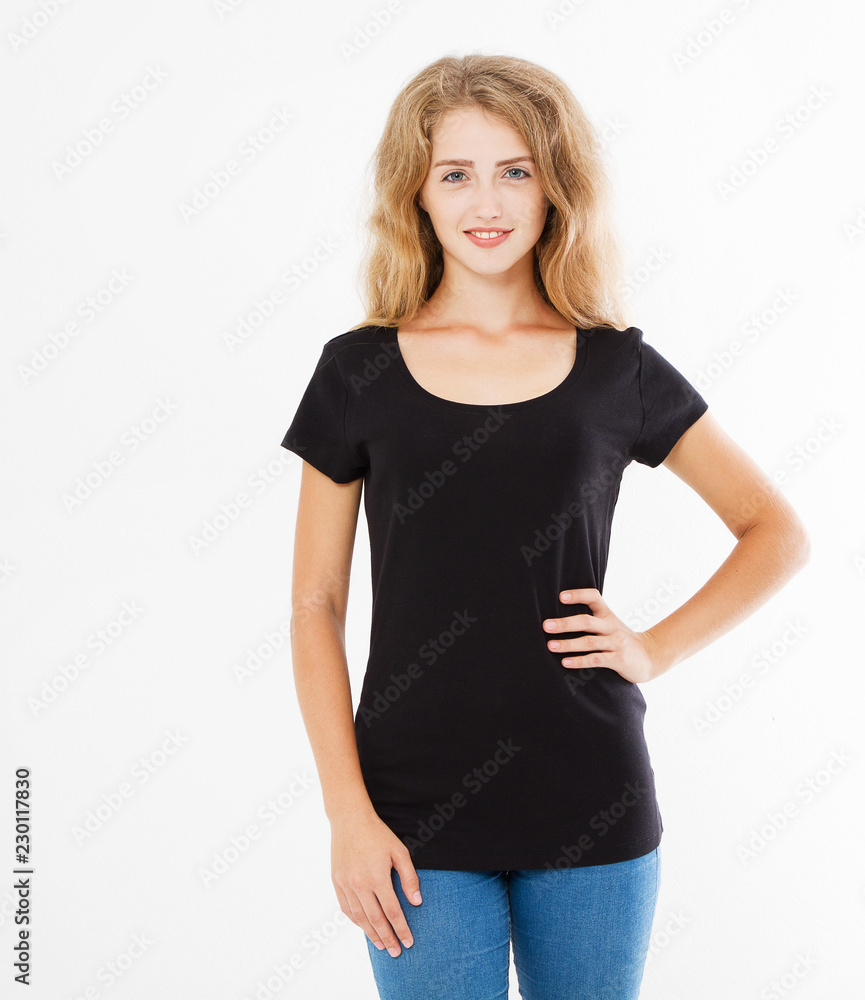 back views of young girl woman in black stylish t shirt on white background. Mock up for design. Copy space. Template. Blank back views of young girl woman in black stylish t shirt on white background. Mock up for design. Copy space. Template. Blank