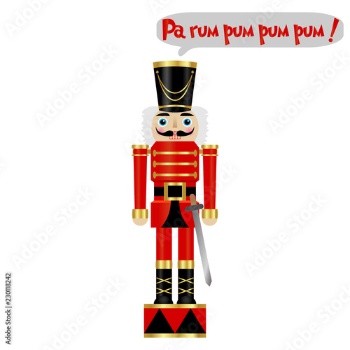 Vector illustration of a nutcracker with text PA RUM PUM PUM PUM