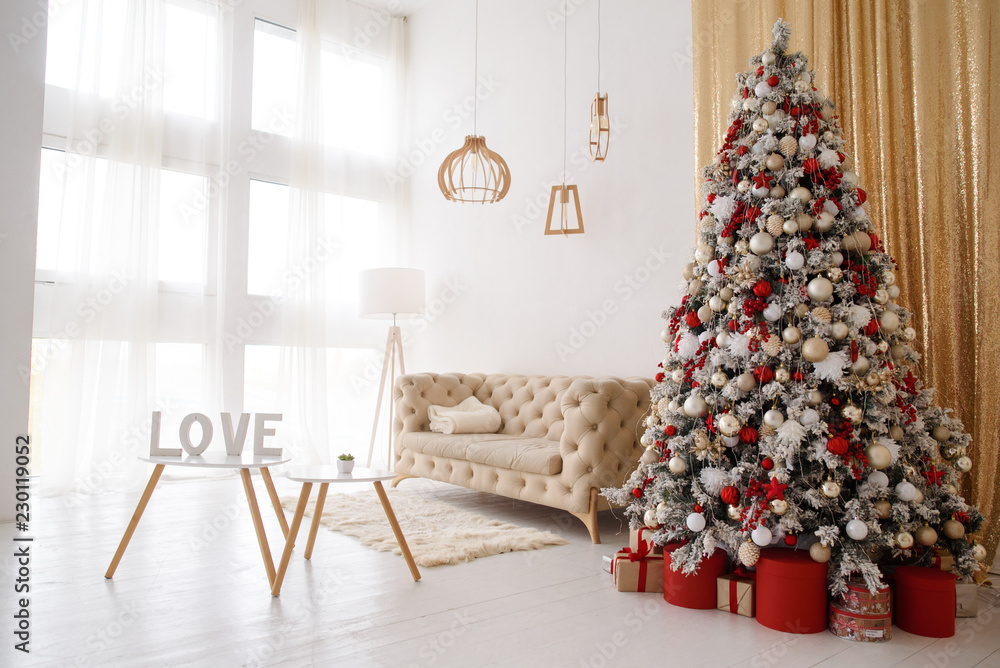 Christmas living room interior with a big Christmas tree Christmas living room interior with a big Christmas tree
