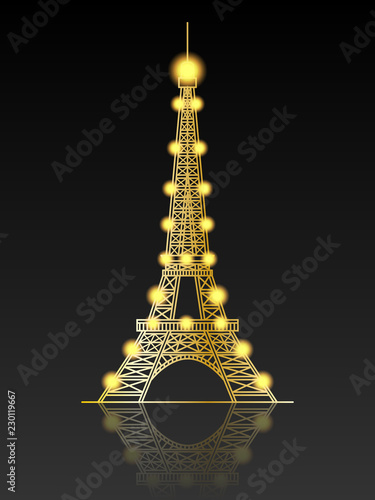 Eiffel tower with garlands. Dark background and reflection. vector illustration.