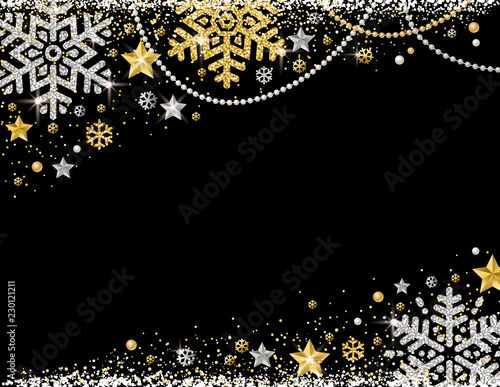 Black christmas background with frame of golden and silver glittering snowflakes, stars and garlands, vector illustration