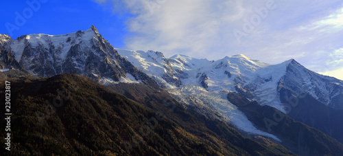 Panoramic view of the Mont Blanc massif. Aiguille du Midi, Mont Blanc and Mont Blanc glacier, Chamonix-Mont-Blanc, France.
