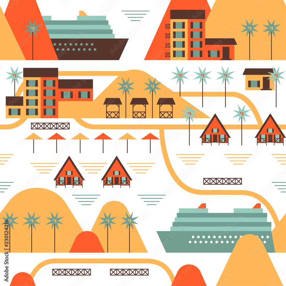 Fototapeta premium Vector Summer travel island landscape with Cruise ship docked at port. Abstract pattern with seaside resort, contains hotel buildings, beach houses, sun umbrellas, palm trees.