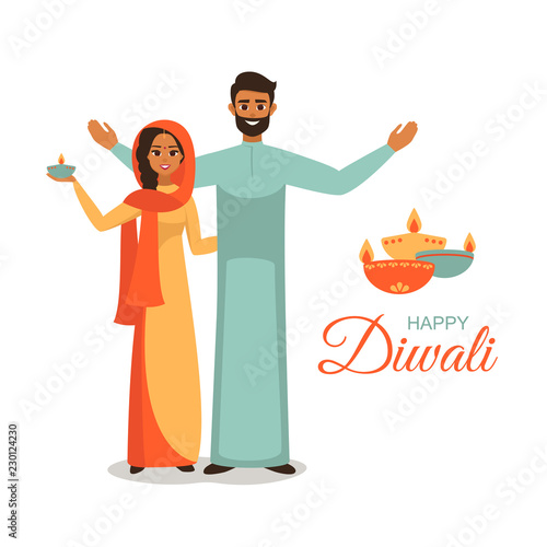 Indian family in the national dress holding lighted lamps for the festival of lights  with a wish of happy Diwali. Vector cartoon indian man and woman are embracing.