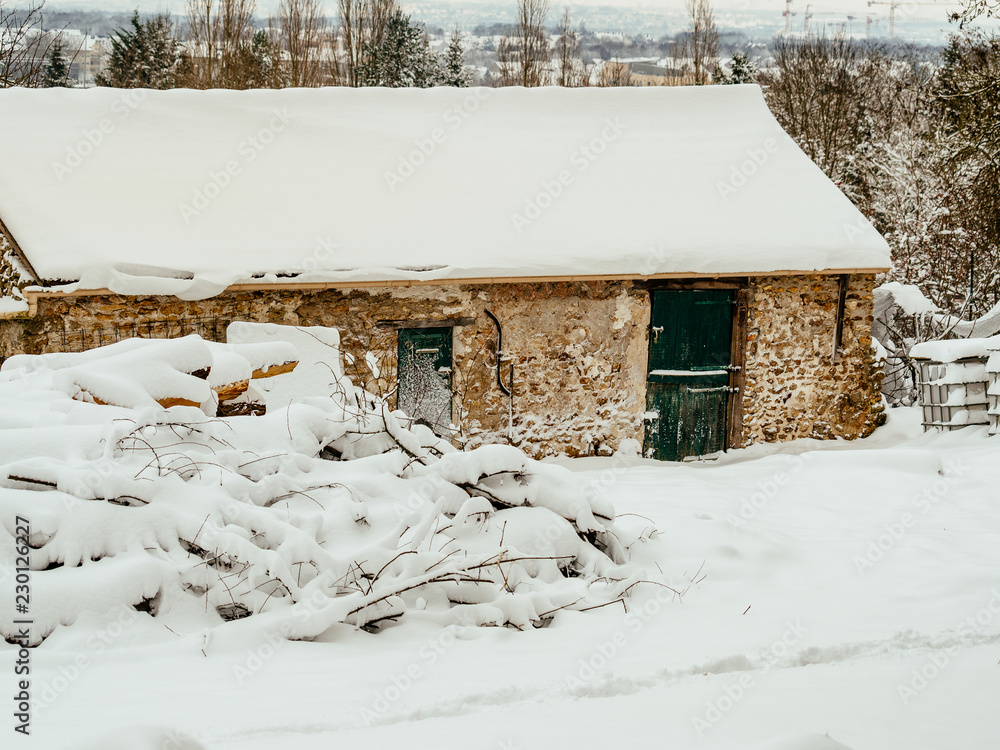 custom made wallpaper toronto digitalSnowy farm, roof and white ground, wood covered with snow.
