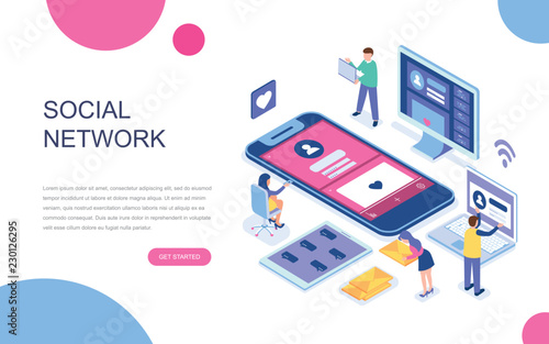 Modern flat design isometric concept of Social Network for banner and website. Isometric landing page template. Virtual communication and media sharing. Vector illustration.