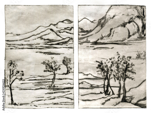 Traditional painting landscape engraving linocut diptych