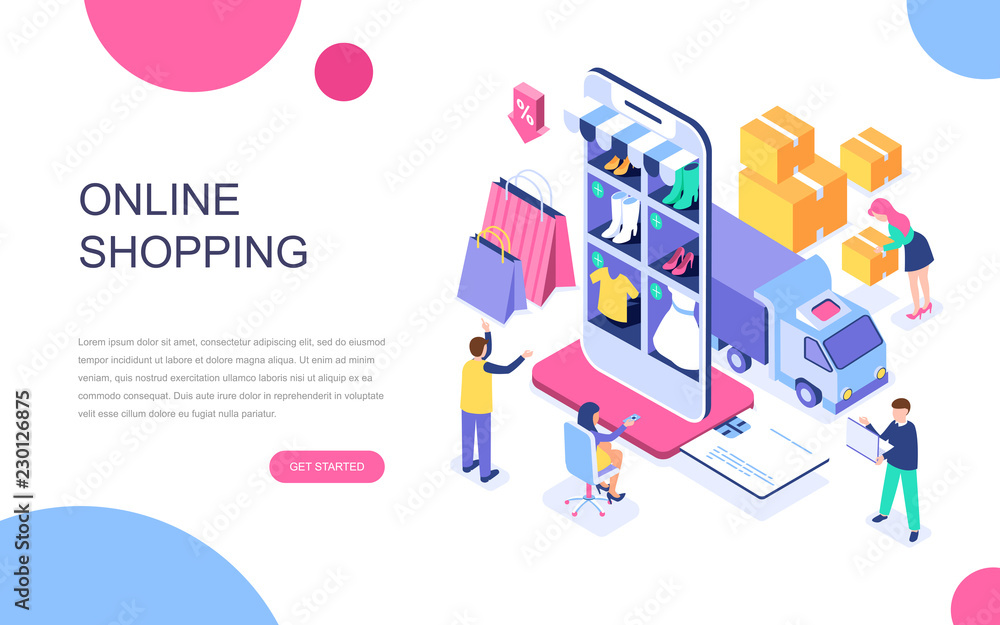 Modern flat design isometric concept of Online Shopping for banner and website. Isometric landing page template. E-commerce market, shopping payment or customer support. Vector illustration.