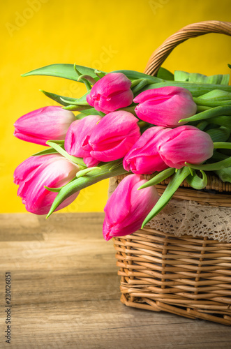 Beautiful bouquet of pink tulips in a wicker basket