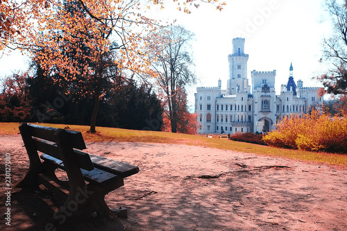 landscape yellow autumn prague / panoramic view of the red roofs of Prague, the czech Indian summer landscape with yellow trees
