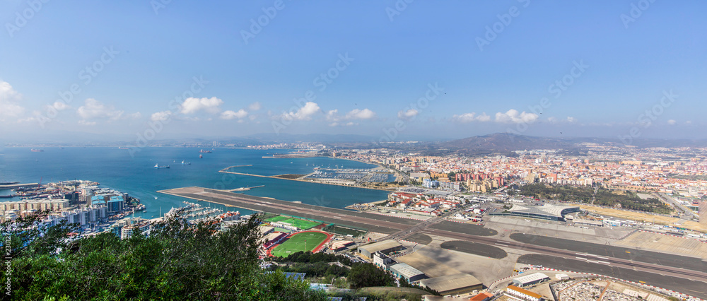 View from the top to the airport of Gibraltar and Algeciras in the background