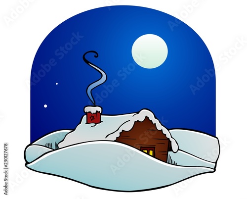 Cabin in the snow, full moon winter night