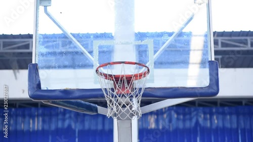 Basketball hoop in a professional basketball arena. Close up of a basketball going through the net for a field goal.