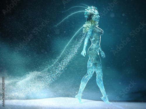3d illustration of beautyful ice woman with glowing crystal crown and small crystals on the body walking bold full length with snowflakes swirling around . snow magic queen music poster concept render