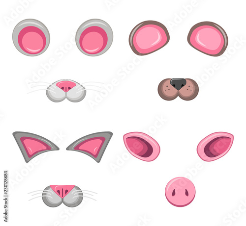 Set of colored animal masks with faces and ears of a bear, a cat, a mouse and a pig