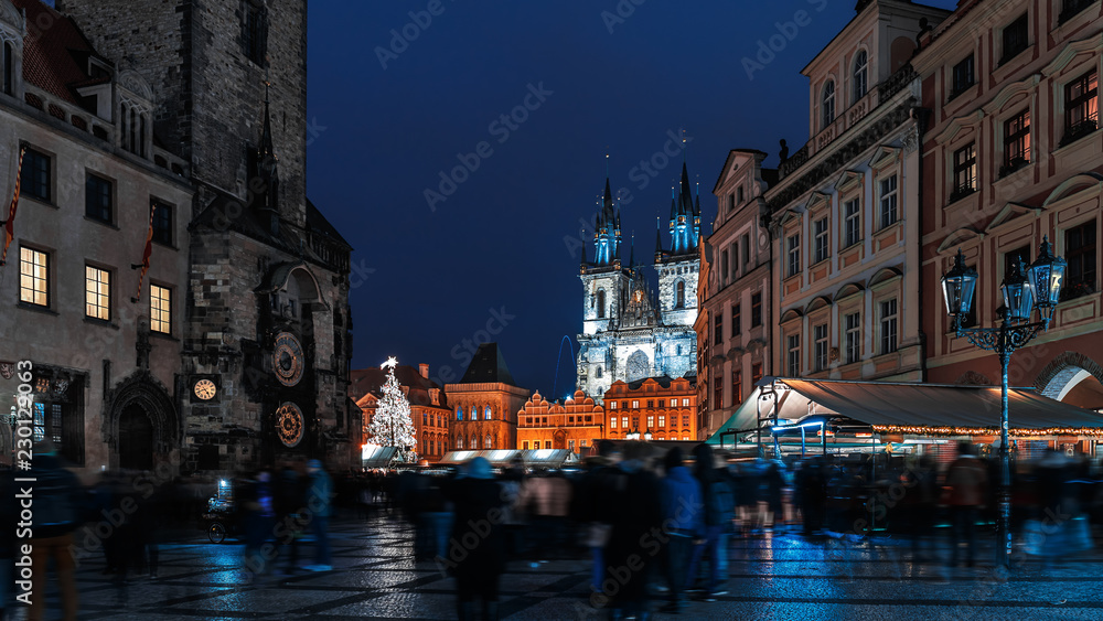 Christmas market on the Oldtown square with the church of our Lady before Tyn in Prague