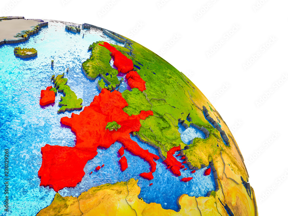 Eurozone member states Highlighted on 3D Earth model with water and visible country borders.