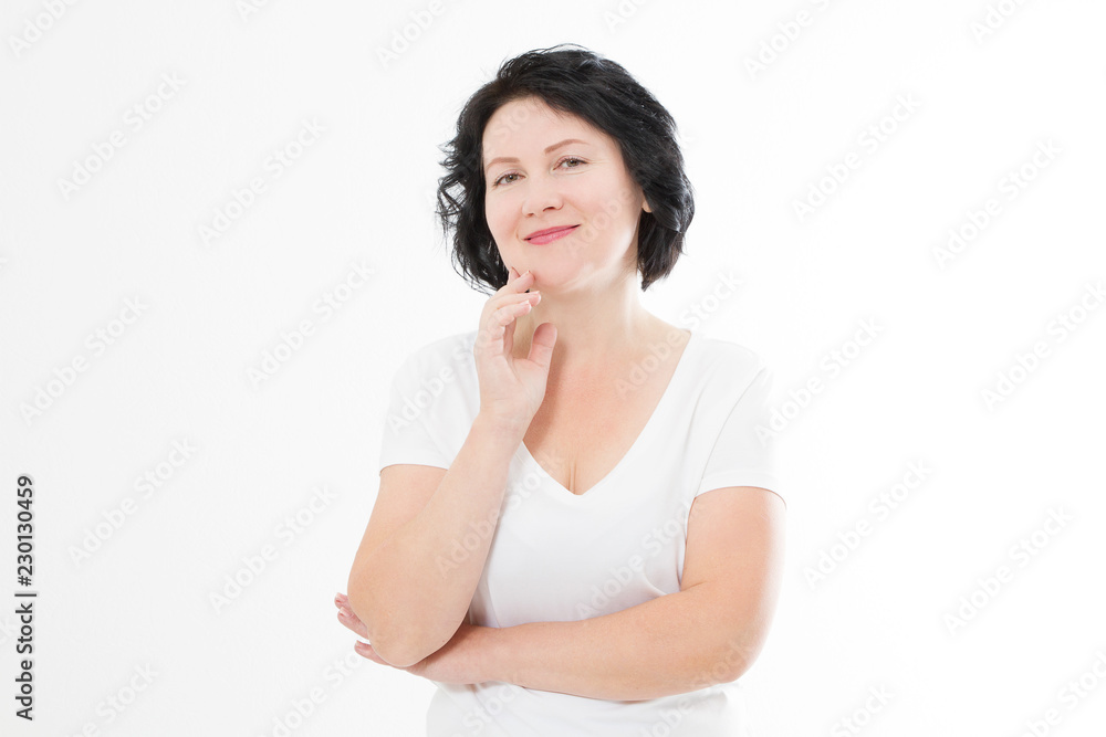 Beautiful middle age woman with crossed arms isolated on white background. Copy space. Beautiful middle age woman with crossed arms isolated on white background. Copy space.
