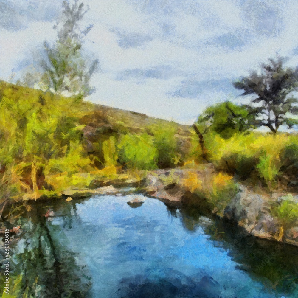 Hand drawing watercolor art on canvas. Artistic big print. Original modern painting. Acrylic dry brush background. Beautiful suumer landscape. Wild lake. Green valley. Active travel.    