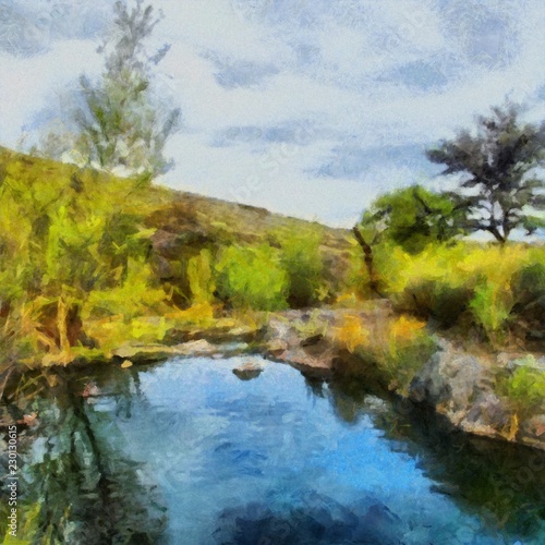 Hand drawing watercolor art on canvas. Artistic big print. Original modern painting. Acrylic dry brush background. Beautiful suumer landscape. Wild lake. Green valley. Active travel. 